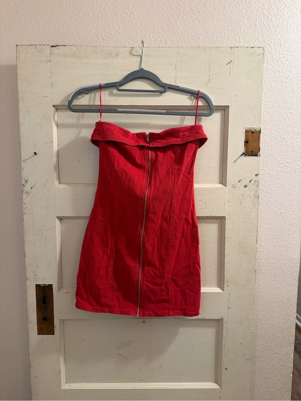 LE LIS Red Denim Mini Dress S Off Shoulder Zip Front Y2K Bodycon